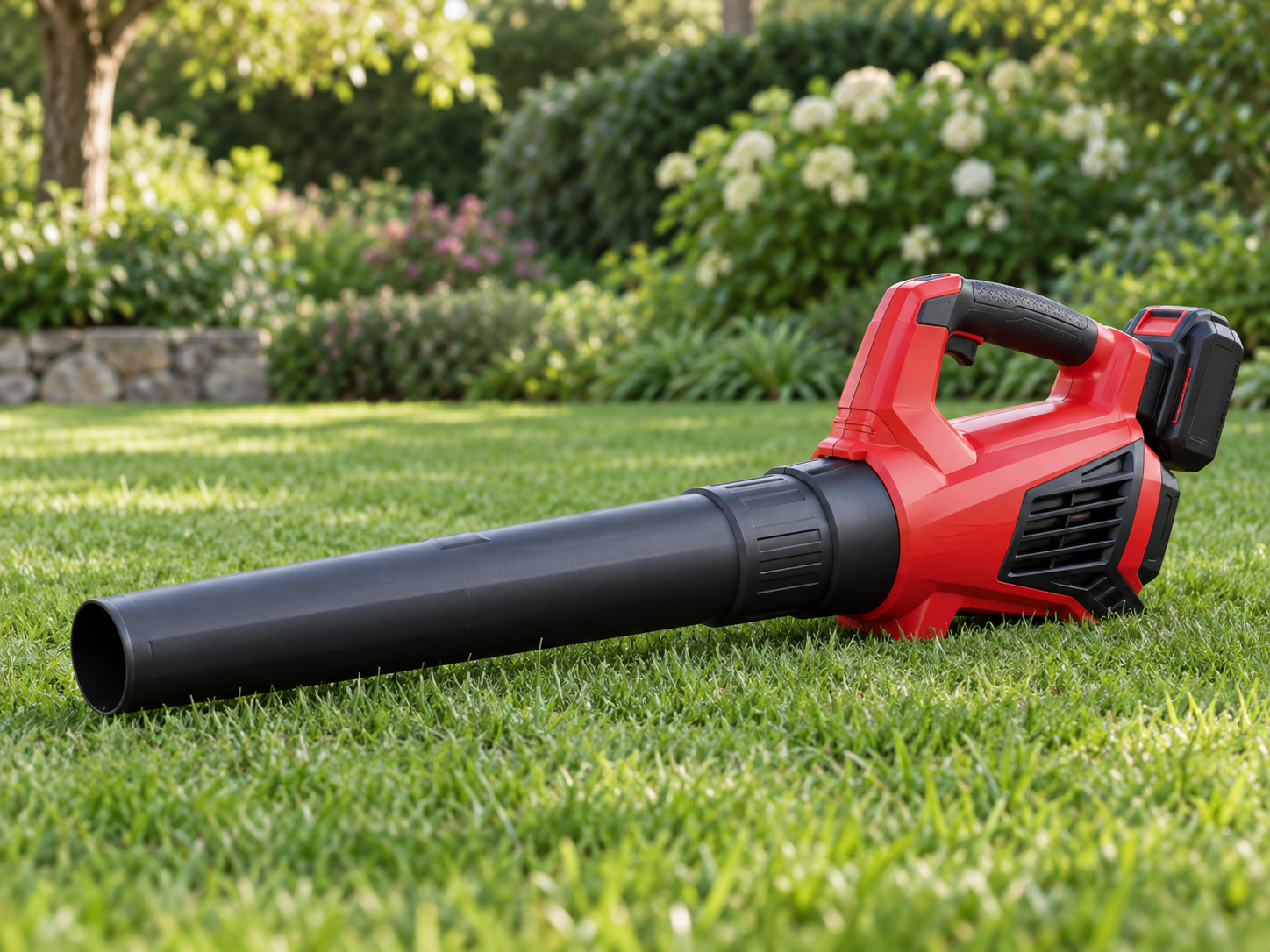 Illustrative red leaf blower in a garden