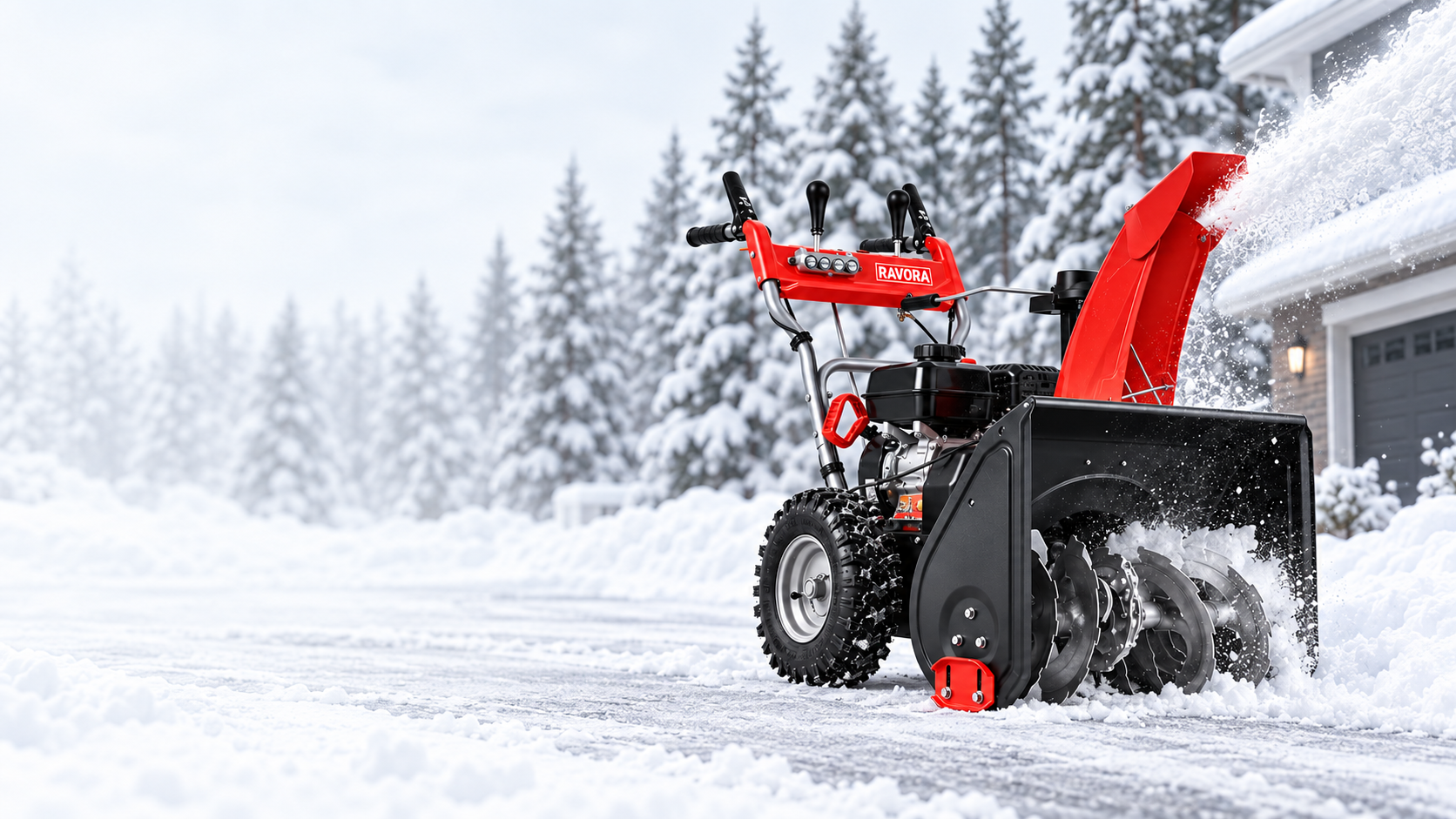 Red and black Ravora snow blower on a snowy driveway